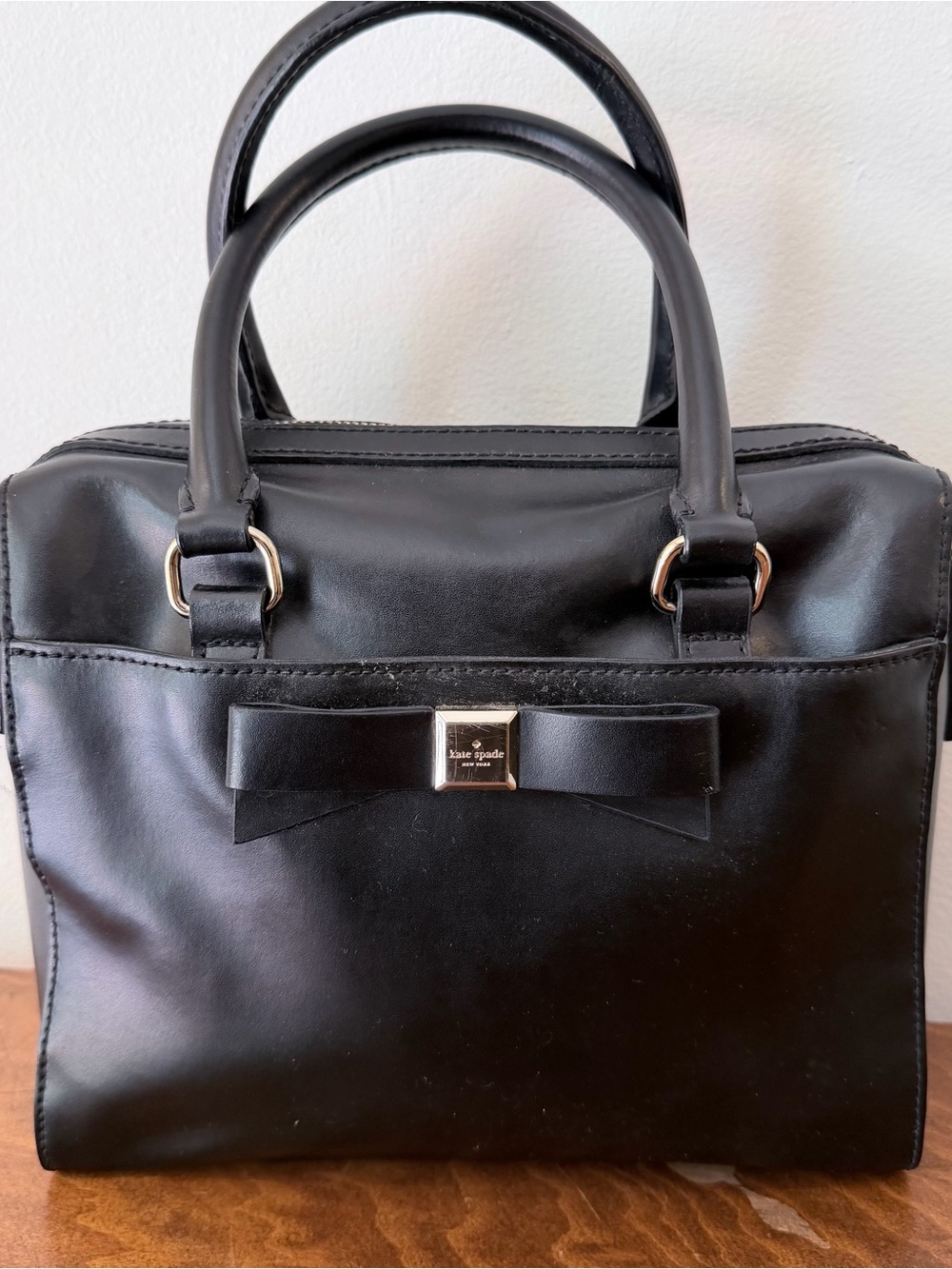 kate spade Black Leather Satchel with Bow and Gold Accent